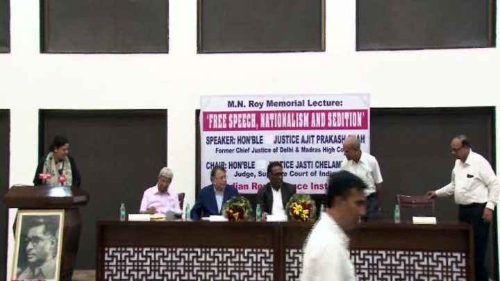 M.N.Roy Memorial Lecture,2017 at Constitutional Club, New Delhi. Shalu Nigam on rostrum, on dias from left N.D.Pancholi, Justice A.P.Shah, Justice Chelemeswar, Suresh Jain and S.C.Verma. Justice Shah spoke on "Free Speech, Nationalism and Sedition'.